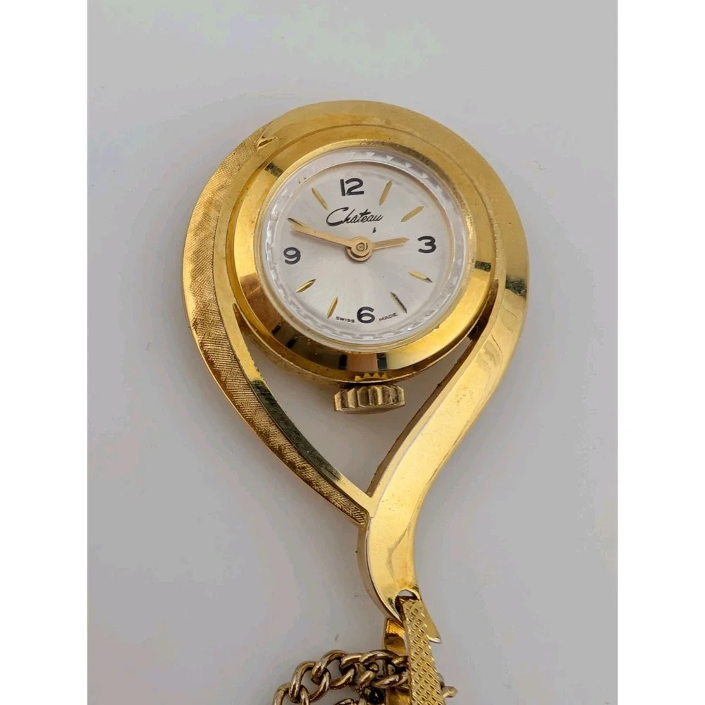 Vintage New 1960s Chateau Swiss Mechanical‎ Pendant Watch Gold Case w/ Chain